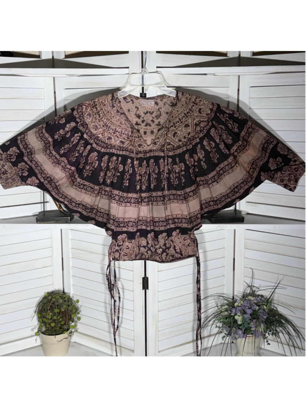 Vintage 70s hippie boho top paisley floral oversized cotton brown whimsigoth M
